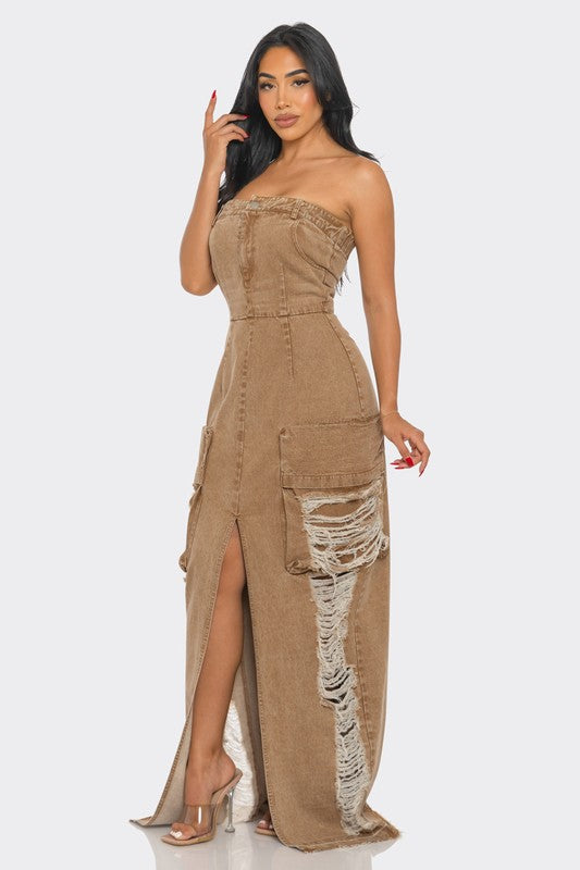Vintage Washed Distressed Cargo Maxi Dress - Body By J'ne