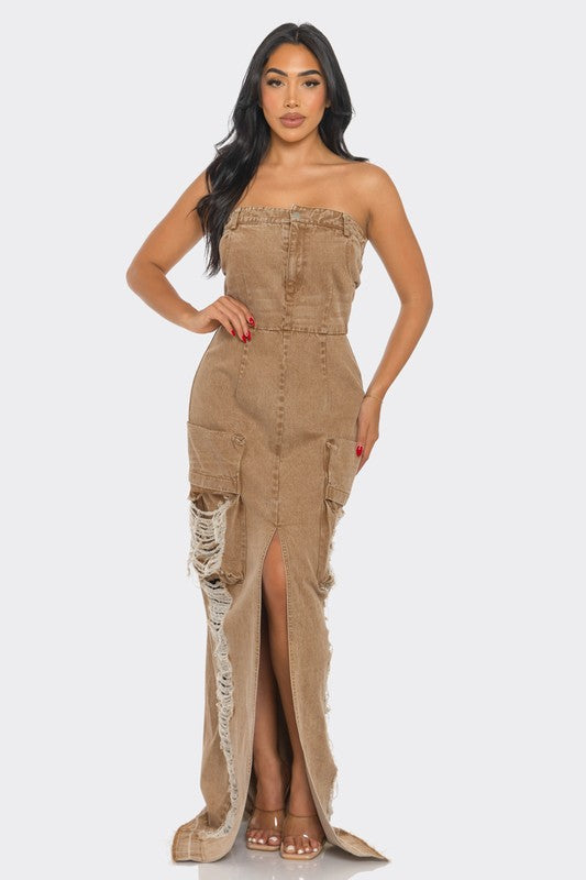 Vintage Washed Distressed Cargo Maxi Dress - Body By J'ne