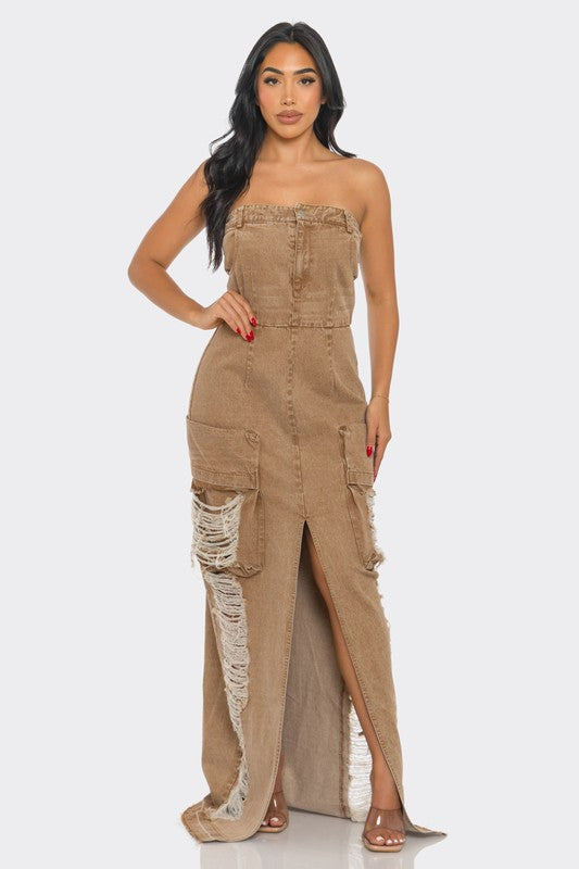 Vintage Washed Distressed Cargo Maxi Dress - Body By J'ne