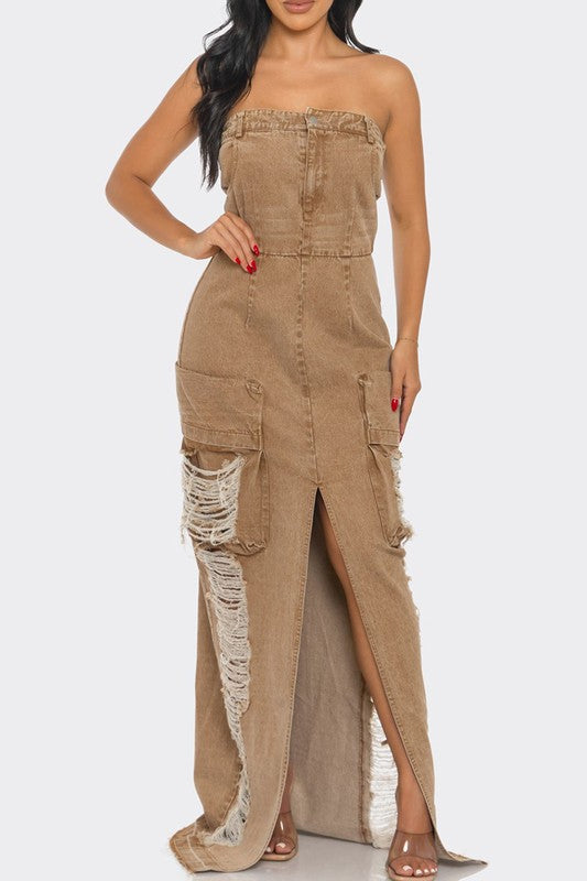 Vintage Washed Distressed Cargo Maxi Dress - Body By J'ne