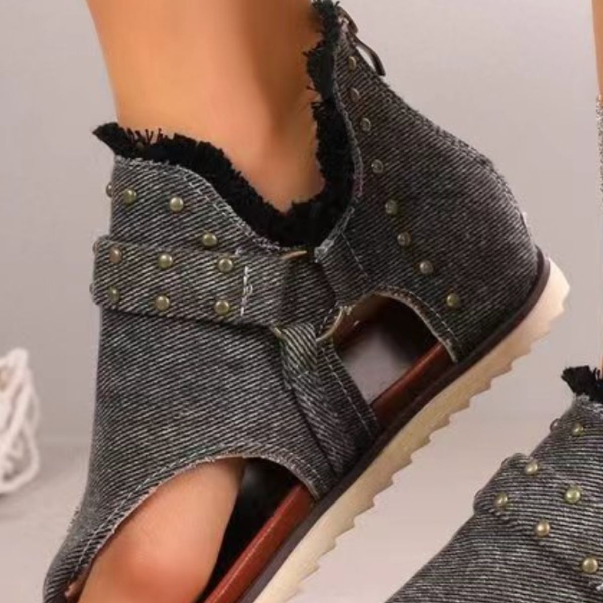 Studded Raw Hem Flat Sandals - Body By J'ne