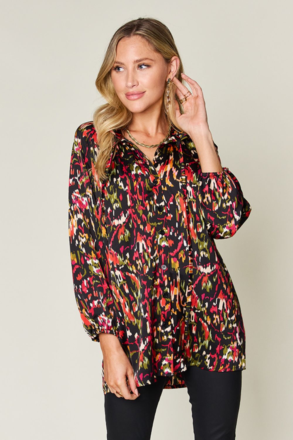 Full Size Printed Button Up Long Sleeve Shirt - Body By J'ne