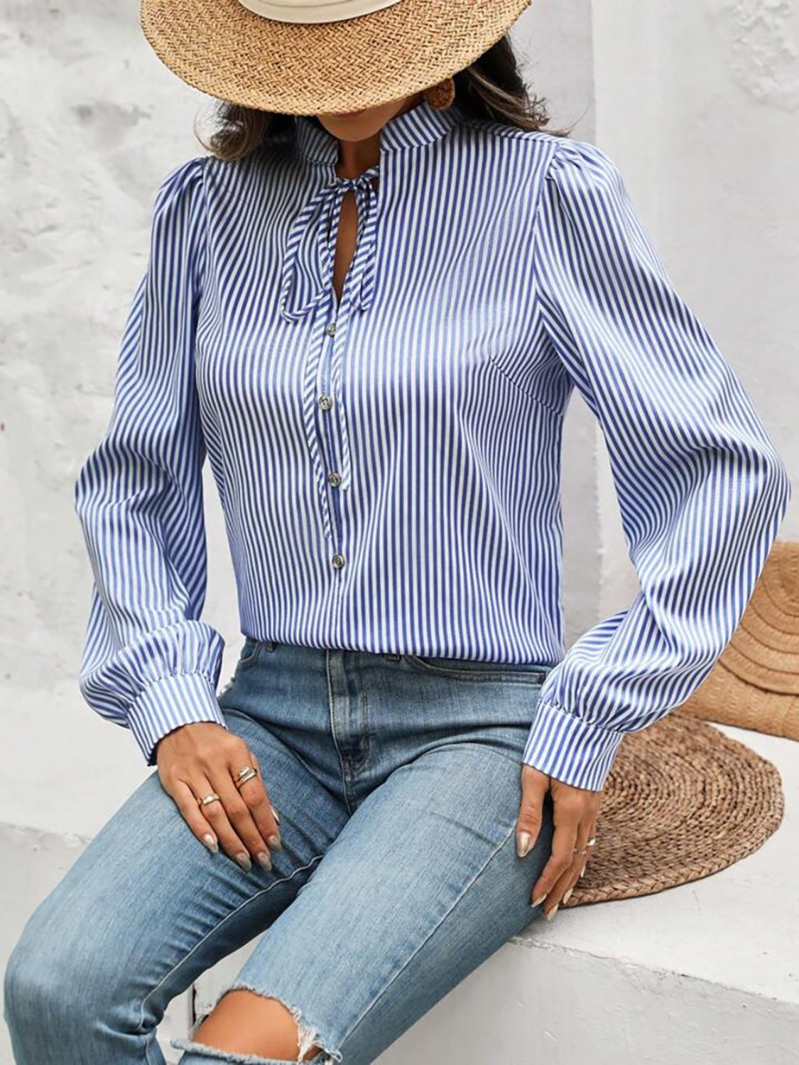 Striped Tie Neck Long Sleeve Blouse - Body By J'ne