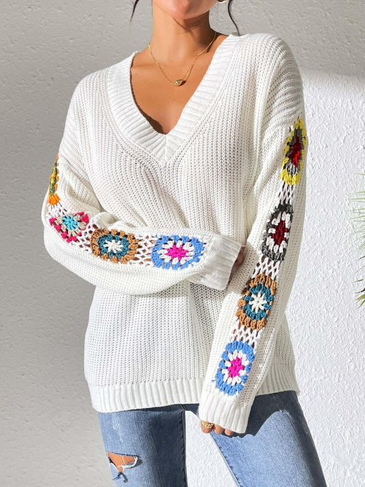 Suéter de crochet con cuello en V y mangas