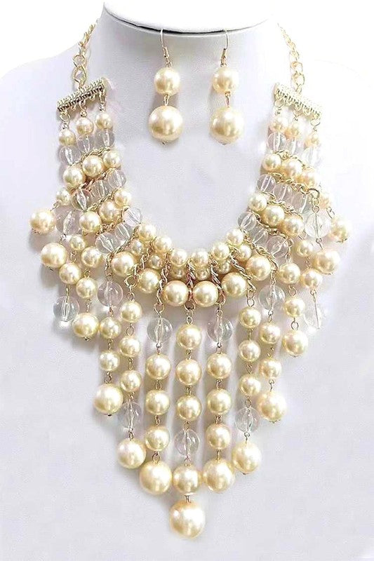 Mix Pearl Clear Beads Drop Statement Necklace Set - Body By J'ne