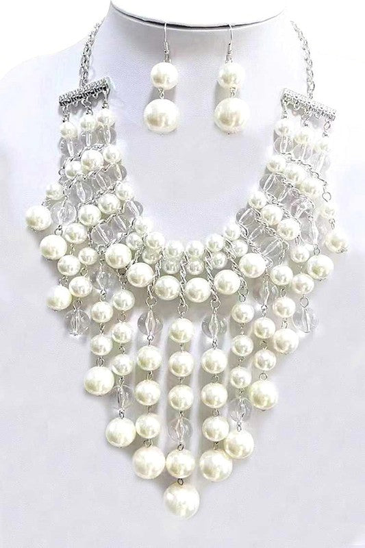 Mix Pearl Clear Beads Drop Statement Necklace Set - Body By J'ne