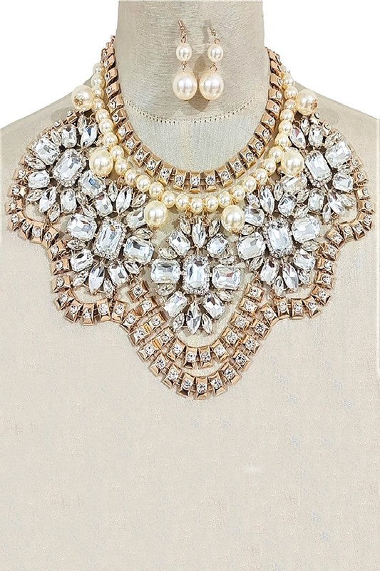 Crystal Flower Pearl Accent Statement Bib Necklace - Body By J'ne
