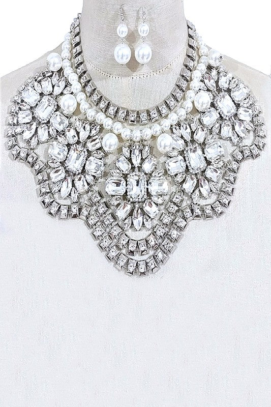 Crystal Flower Pearl Accent Statement Bib Necklace - Body By J'ne