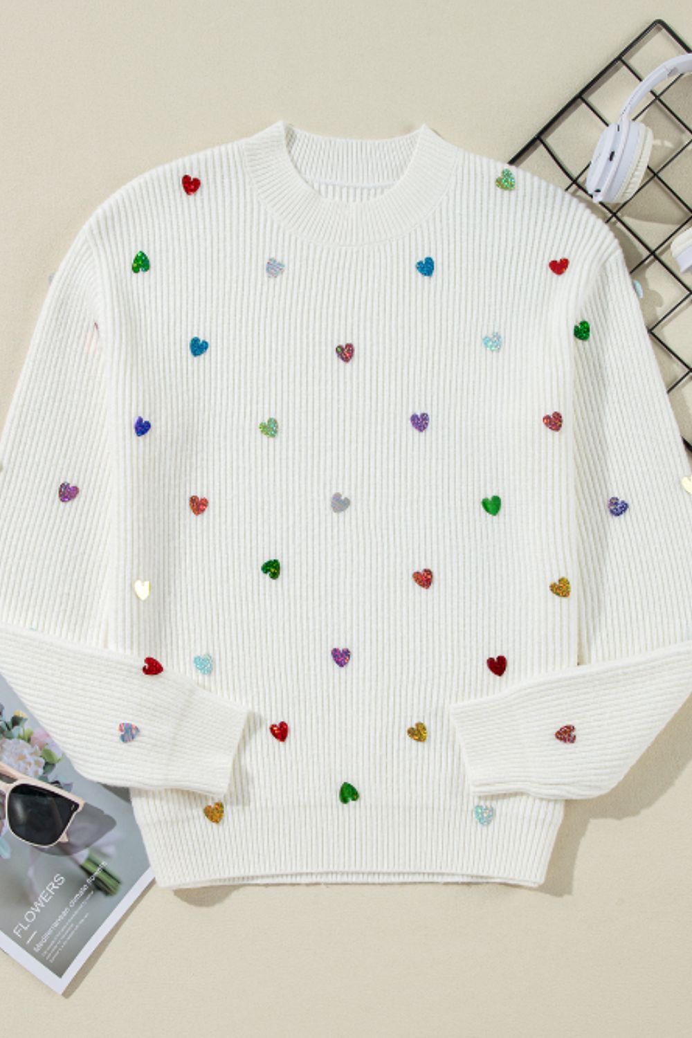 Heart Sequin Round Neck Long Sleeve Sweater - Body By J'ne