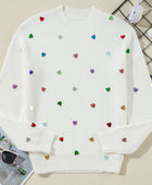 Heart Sequin Round Neck Long Sleeve Sweater