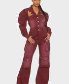 Vintage Inspired Utility Burgundy Jumpsuit