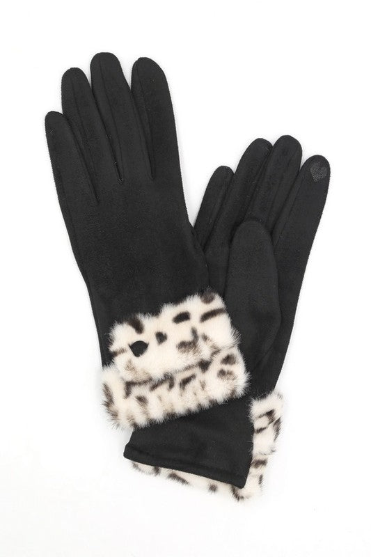 Leopard Printed Fur Trim Sueded Smart Gloves - Body By J'ne
