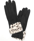 Leopard Printed Fur Trim Sueded Smart Gloves