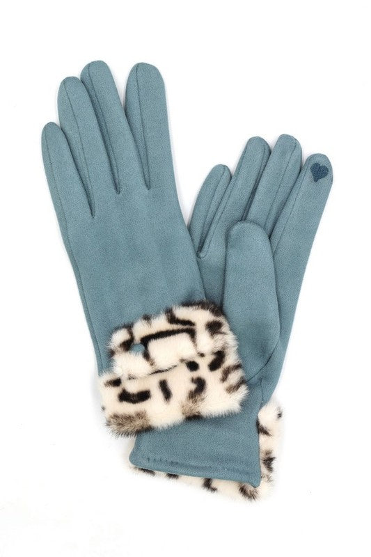 Leopard Printed Fur Trim Sueded Smart Gloves - Body By J'ne