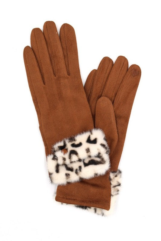 Leopard Printed Fur Trim Sueded Smart Gloves