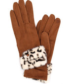 Leopard Printed Fur Trim Sueded Smart Gloves