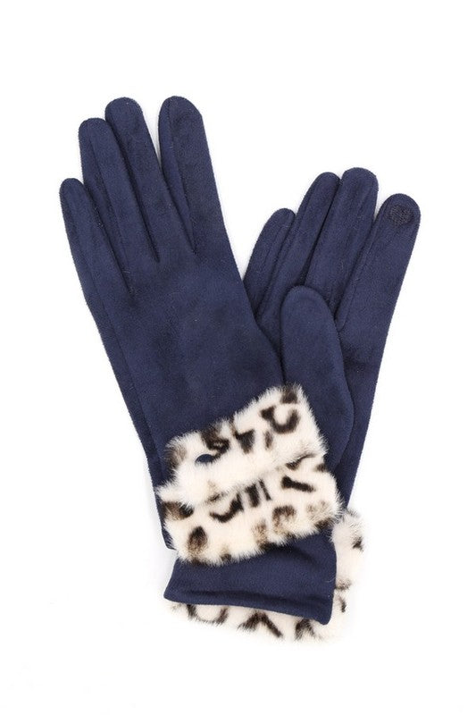 Leopard Printed Fur Trim Sueded Smart Gloves - Body By J'ne