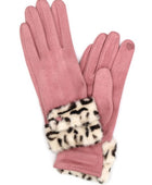 Leopard Printed Fur Trim Sueded Smart Gloves