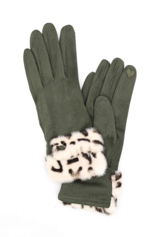 Leopard Printed Fur Trim Sueded Smart Gloves - Body By J'ne