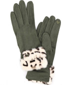 Leopard Printed Fur Trim Sueded Smart Gloves