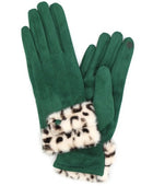 Leopard Printed Fur Trim Sueded Smart Gloves