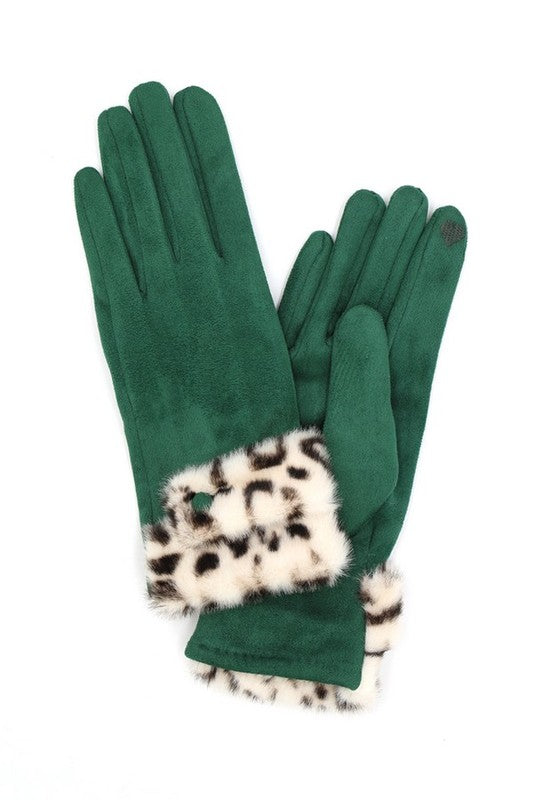 Leopard Printed Fur Trim Sueded Smart Gloves