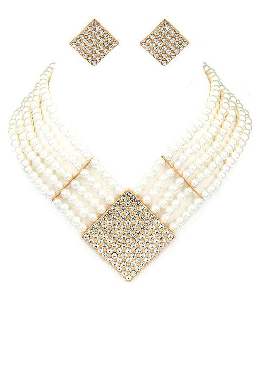 Crystal Pendant Pearl Strand Collar Necklace