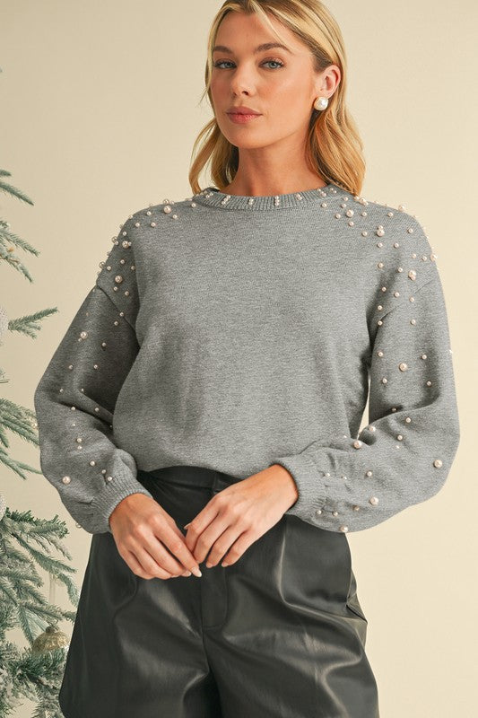 Pearl Drop Shoulder Round Neck Sweater - Body By J'ne