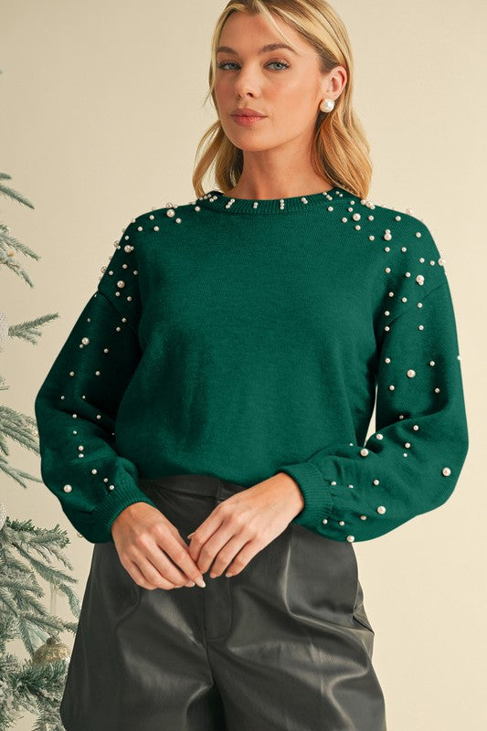 Pearl Drop Shoulder Round Neck Sweater - Body By J'ne