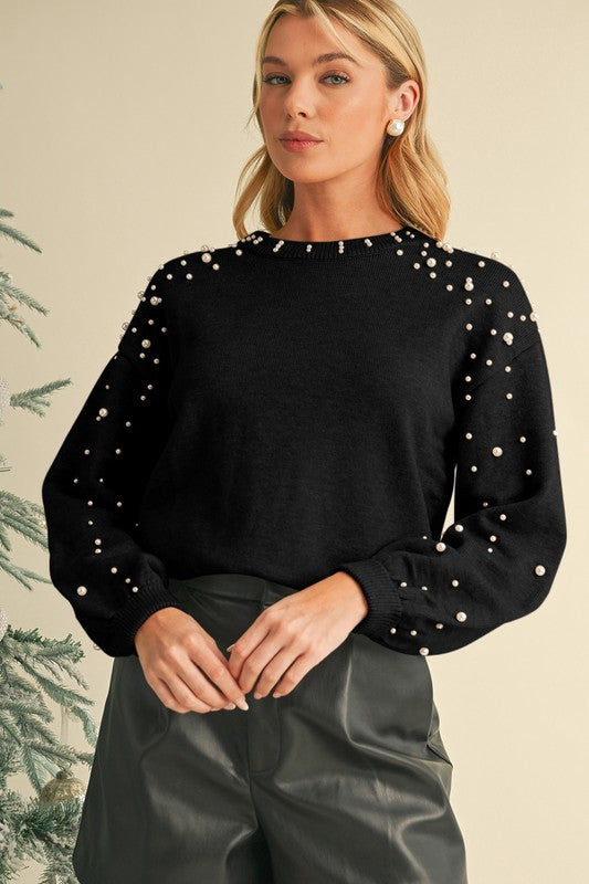 Pearl Drop Shoulder Round Neck Sweater - Body By J'ne