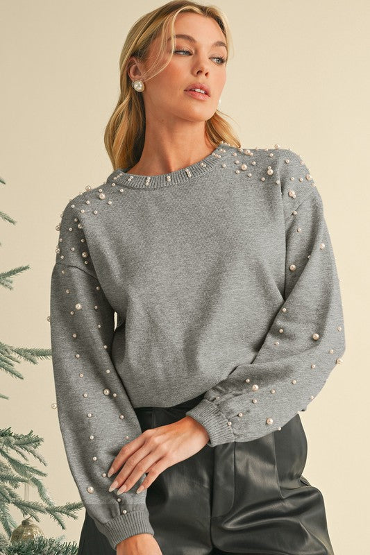 Pearl Drop Shoulder Round Neck Sweater - Body By J'ne