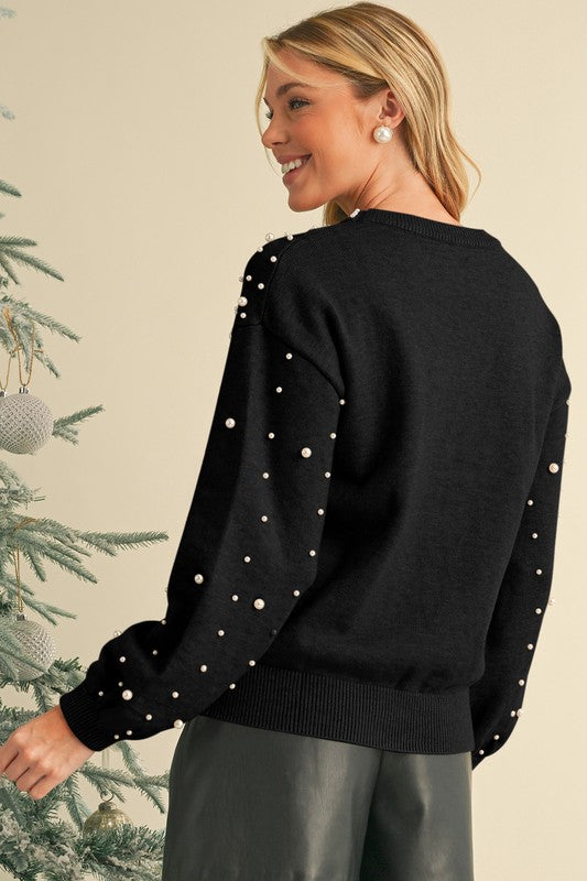 Pearl Drop Shoulder Round Neck Sweater - Body By J'ne