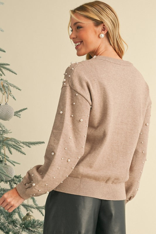 Pearl Drop Shoulder Round Neck Sweater - Body By J'ne