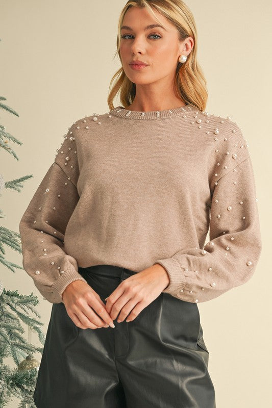 Pearl Drop Shoulder Round Neck Sweater - Body By J'ne