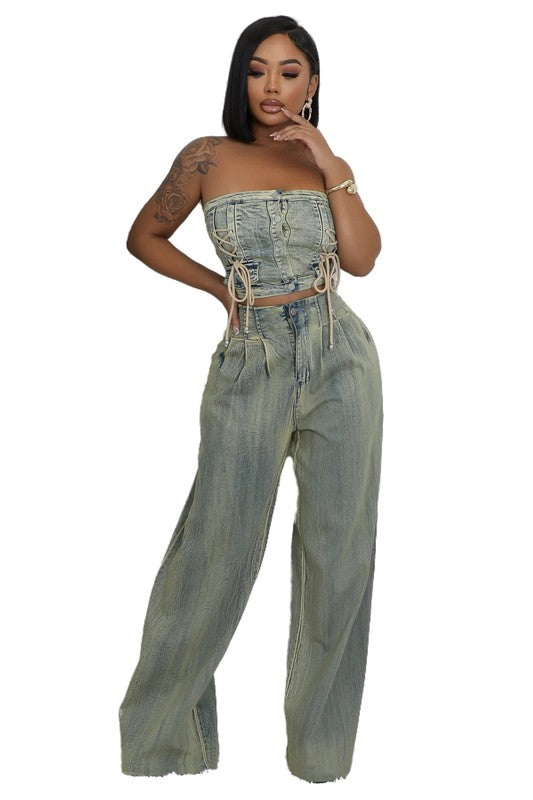 LEO DENIM TWO PIECE PANTS SET