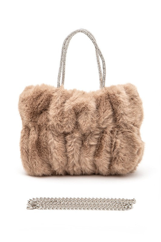 Rhinestone Top Handle Faux Fur Winter Tote Bag - Body By J'ne