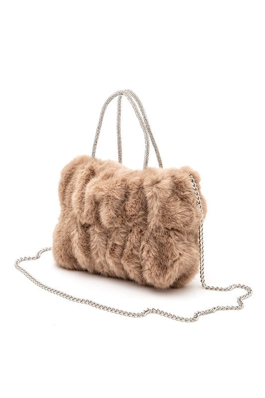 Rhinestone Top Handle Faux Fur Winter Tote Bag - Body By J'ne