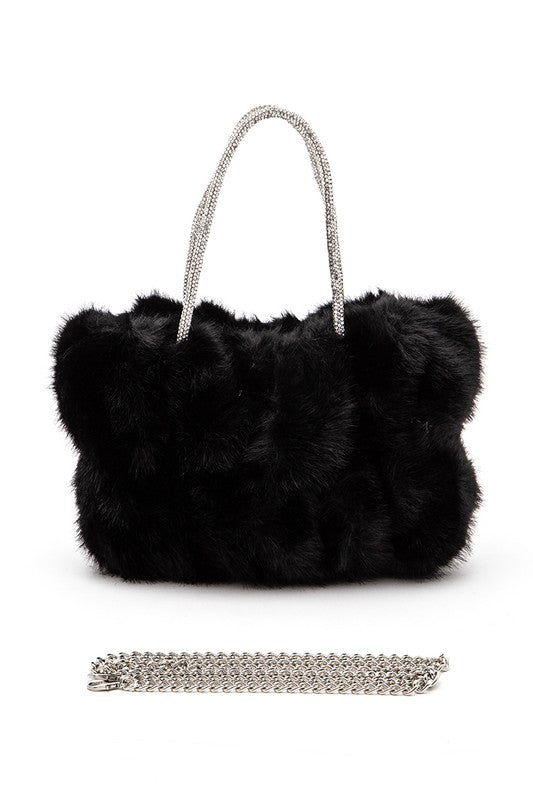 Rhinestone Top Handle Faux Fur Winter Tote Bag - Body By J'ne