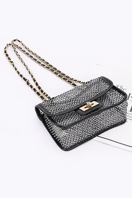 Rhinestone Mesh Turn Lock Iconic Shoulder Bag