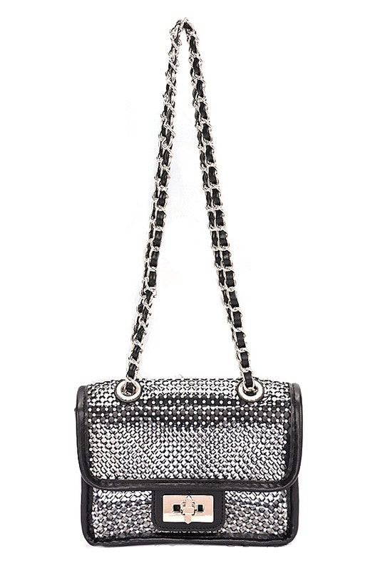 Rhinestone Mesh Turn Lock Iconic Shoulder Bag