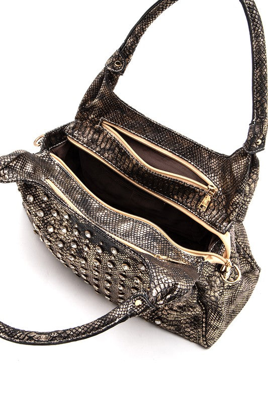 Metallic Snake Crystal Studded Shoulder Bag