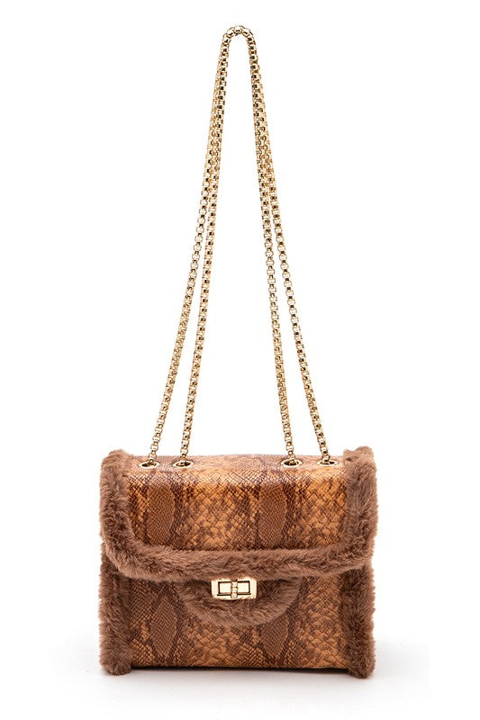 Faux Shearling Snake Print Shoulder Bag - Body By J'ne