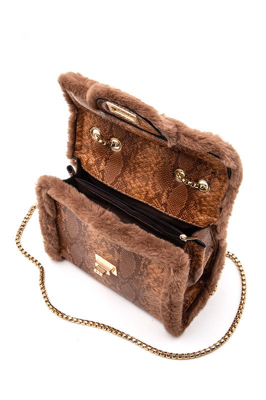 Faux Shearling Snake Print Shoulder Bag