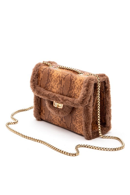 Faux Shearling Snake Print Shoulder Bag - Body By J'ne