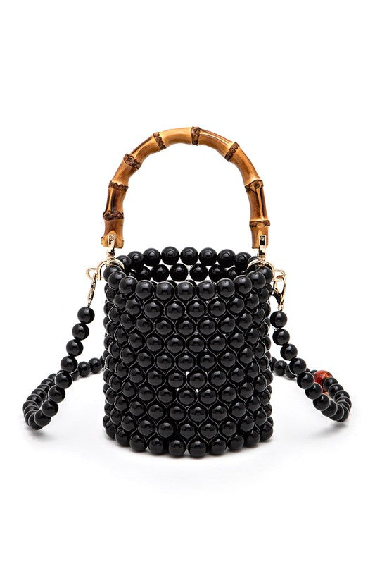 Bamboo Top Handle Beaded Bucket Clutch Bag