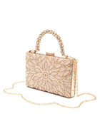 Pearl Studs Rhinestone Handle Flower Box Clutch