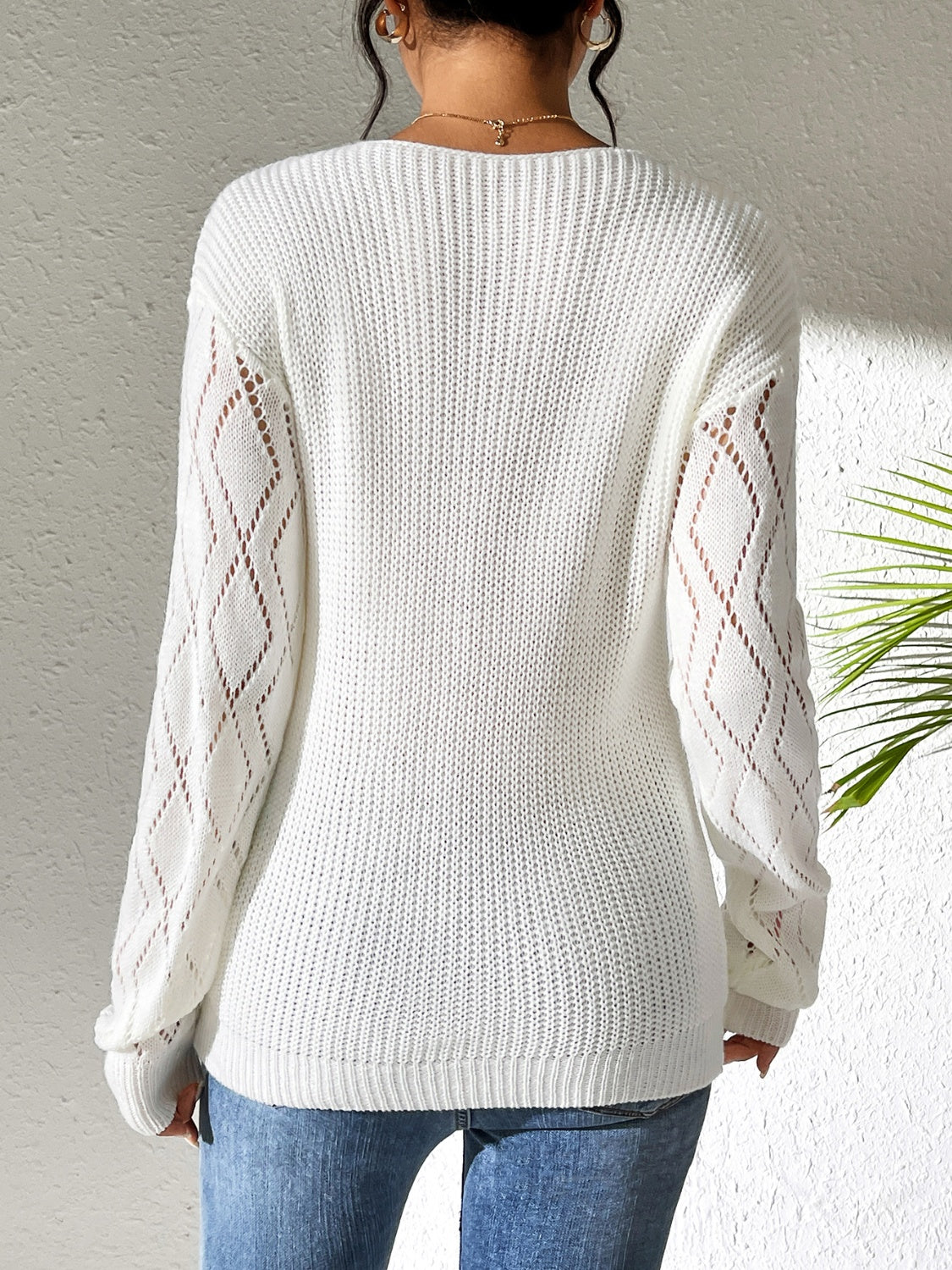 Openwork V-Neck Long Sleeve Sweater - Body By J'ne