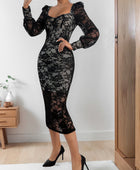 Perfee Lace Sweetheart Neck Long Sleeve Midi Dress