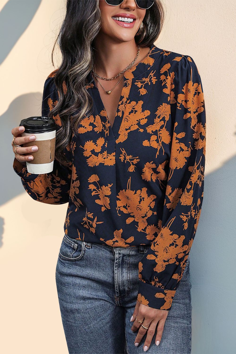 Perfee Printed Notched Long Sleeve Blouse - Body By J'ne