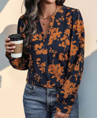 Perfee Printed Notched Long Sleeve Blouse